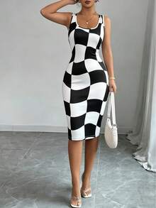 Vestido Midi Ajustado sin Mangas con Cuello Redondo y Estampado a Cuadros para Mujer, Estilo Sexy y Casual, Ideal para Primavera/Verano, Salidas Nocturnas y Clubes, Vestido Elástico - múltiple - Ver 5