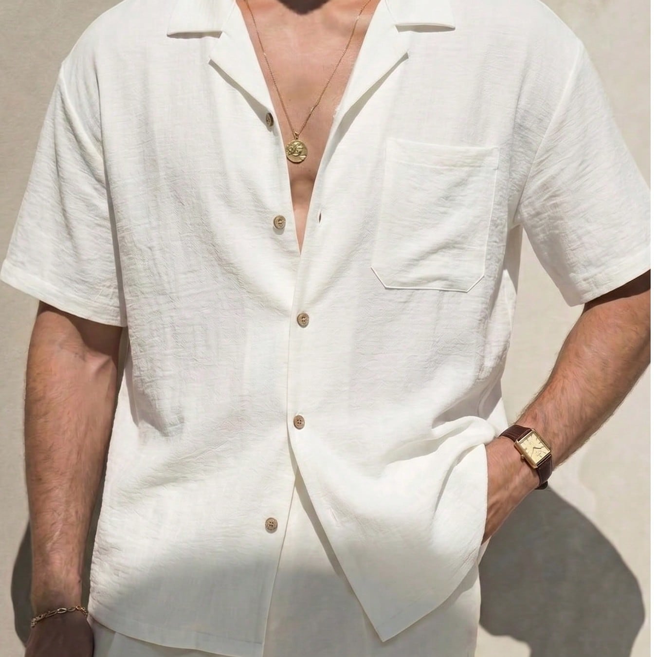 Pieza Camisa casual de hombre de lino sintético color café marrón, ajuste holgado, camisa de vacaciones para hombre, ligera & transpirable, camiset
