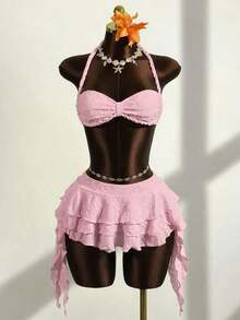 Zestiva Conjunto de traje de baño de 3 piezas para mujer con top bandeau de unicolor, cuello alto fruncido y bajo fruncido, hecho de tela especial trenzada - Rosa - Ver 3