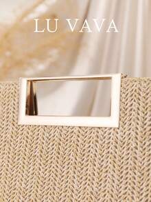 LUVAVA 春夏休闲自然浅米色人字纹藤编手提包，配奶油白方形手柄和可拆卸金色链条肩带，可作斜挎包/单肩包使用，容量充裕，法式波西米亚风沙滩包，适合度假、通勤和日常休闲使用。 - 杏色 - 查看 5