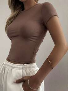 Y2K Minimalist T-Shirt, Open Back Design & Waist Cinching, Sexy & Chic Style Suitable For Daily Commute, Parties And Holidays, Spring/Summer - Brown - View 8