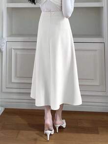 Solid Color A-Line Skirt With Zipper, Elegant Ladies' Skirt Summer - 白色 - 查看 2