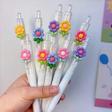 5支/套 随机花形笔尖可伸缩圆珠笔，书写流畅，中性笔型，适用于学生、考试、办公及日常使用（黑色） - 白色花朵筆 - 查看 5