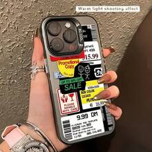 [24h Shipping from MX] Funda para teléfono: Estilo estampado con patrón de etiqueta de producto de  al por menor plateada iridiscente IMD, funda protectora adecuada para Apple  15 Pro Max,  11/11 Pro Max/11 Pro/12/12 Pro/12 Pro Max/13/13 Pro/13 Pro Max/14/14 Pro/14 Pro Max/15/15 Pro Max/15 Pro/16/16 - Negro - Ver 1