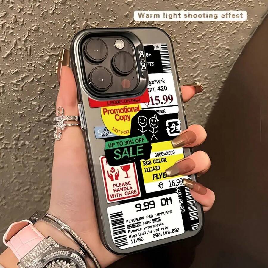 [24h Shipping from MX] Funda para teléfono: Estilo estampado con patrón de etiqueta de producto de  al por menor plateada iridiscente IMD, funda protectora adecuada para Apple  15 Pro Max,  11/11 Pro Max/11 Pro/12/12 Pro/12 Pro Max/13/13 Pro/13 Pro Max/14/14 Pro/14 Pro Max/15/15 Pro Max/15 Pro/16/16 - Negro - Ver 1