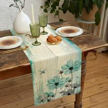 1pc Vintage Country Style Blue-Green Floral Tablecloth - Rustic Linen Rectangular Tabletop Decor Suitable For Dining Room, Kitchen, Living Room, Holiday And Party, Holiday Dining Table Setting | Vintage Country Style Decor | Linen Tablecloth - Multicolor - View 1