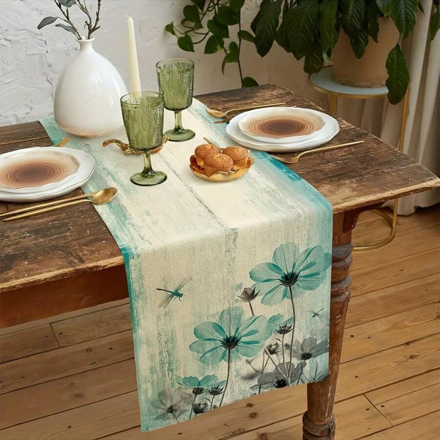 1pc Vintage Country Style Blue-Green Floral Tablecloth - Rustic Linen Rectangular Tabletop Decor Suitable For Dining Room, Kitchen, Living Room, Holiday And Party, Holiday Dining Table Setting | Vintage Country Style Decor | Linen Tablecloth - Multicolor - View 1
