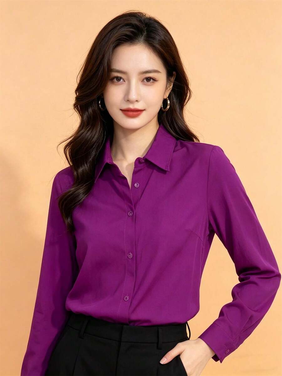 Women's Long-Sleeved Shirt Made Of Beautiful Viscose Fabric. - 中紫紅色 - 查看 1