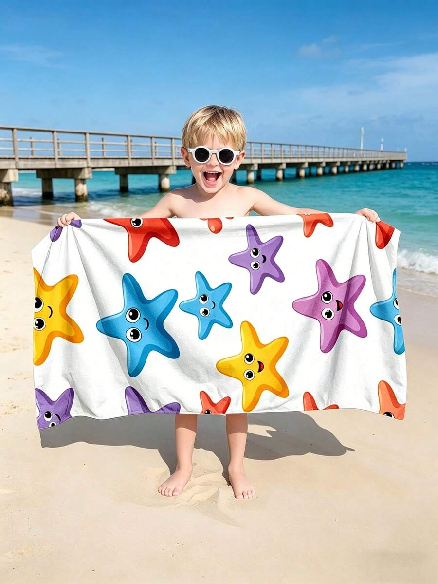 1pc Cute Colorful Starfish Pattern Kids Beach Towel, Super Absorbent Large Beach Blanket, Suitable For Beach, Pool, Travel, Camping, Yoga, Available In Multiple Sizes - Multicolor - View 1