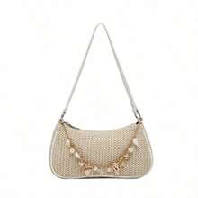 Shells Pearl Straw Woven Underarm Bag Casual All-Matching Commuting Bag Niche High-End Shoulder Bag Women's Boho Seashell Pearl Beaded Straw Bags Zipper Single Strap Underarm Purses - 象牙色 24*6*14厘米 - 查看 7