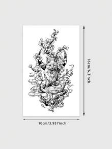 1pc New Chinese Style Fox & Peach Blossom Temporary Tattoo, Niche Elegant & Cool One-Time Use Tattoo Sticker - Black - View 9