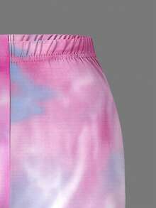 Set de 2 piezas de camiseta con gráfico "67" y shorts de ciclista con efecto tie-dye para niñas, conjunto de verano suave, cómodo y lindo para adolescentes - Morado - Ver 4