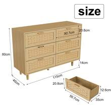 MISNODE Cassettiera/credenza in legno e rattan, cassettiera in stile boho con 6 cassetti, cassettiere e credenze per sala da pranzo, soggiorno e camera da letto, mobili in rattan, 115L x 40P x 80A cm, colore rovere - Colore rovere (6 cassetti) - Visualizzare 4