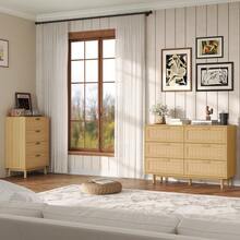 MISNODE Cassettiera/credenza in legno e rattan, cassettiera in stile boho con 6 cassetti, cassettiere e credenze per sala da pranzo, soggiorno e camera da letto, mobili in rattan, 115L x 40P x 80A cm, colore rovere - Colore rovere (6 cassetti) - Visualizzare 3