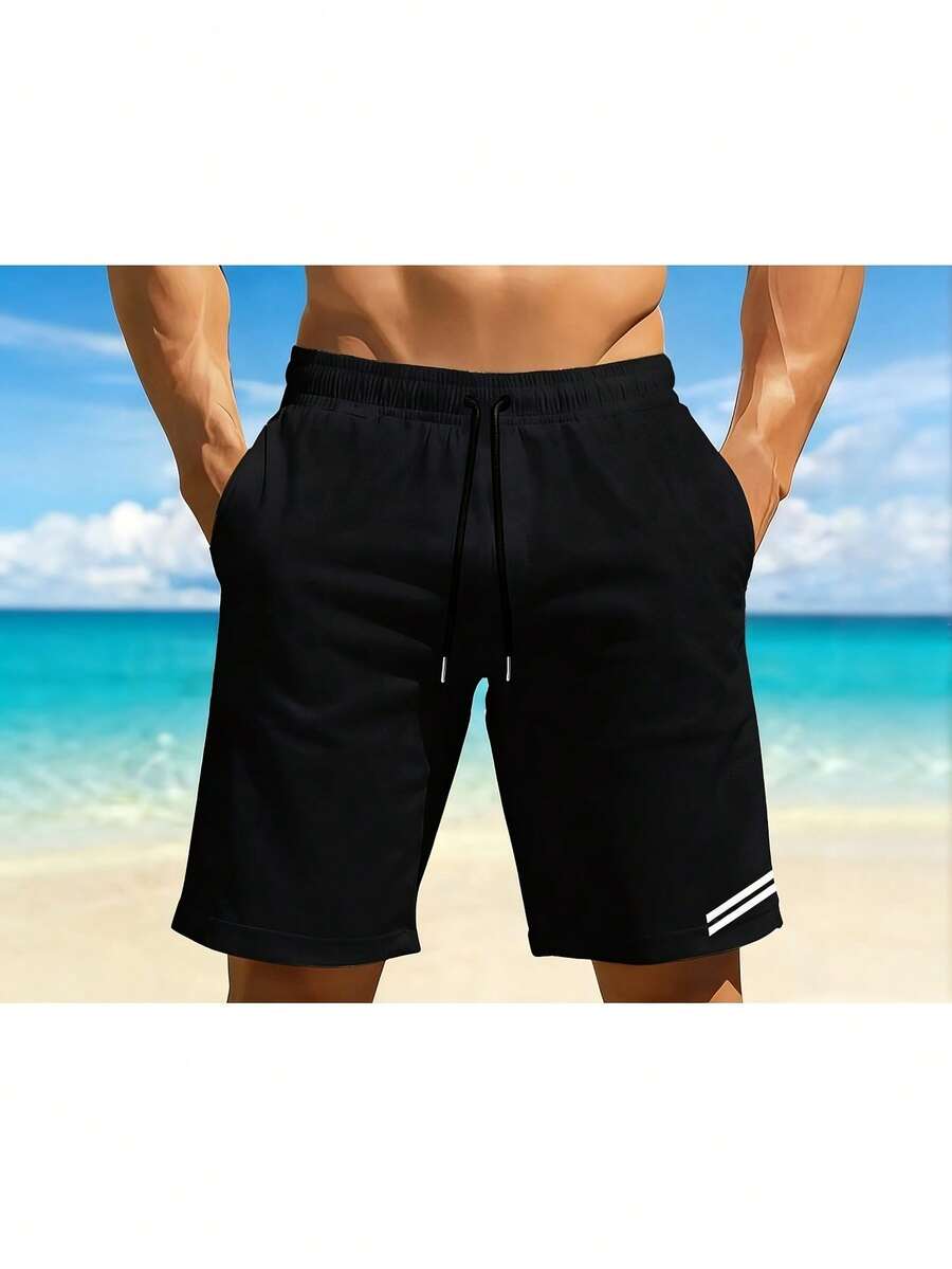 Quick-Dry Beach Shorts With Coastal Scenery Print, Lightweight Drawstring Beach Shorts, Casual, Slightly Stretchy, Perfect For Summer Vacations, Surfi - Black - View 1