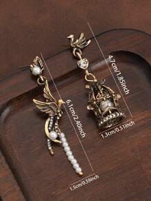 1 Pair Retro Bird Design Earrings, French Asymmetric Luxury Pendant Earrings, Unique Earrings For Women - Multicolor - View 6
