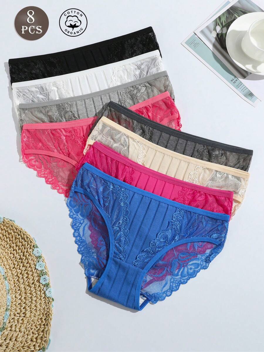 8pcs/Pack Women's Lace Patchwork Soft & Comfortable Daily Underwear - Multicolor - View 1