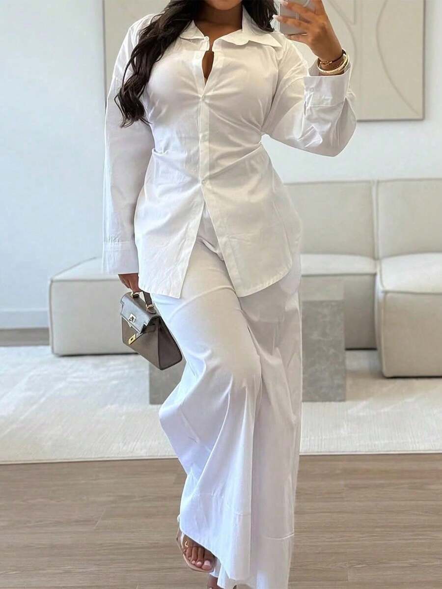 Look Polly 女士夏季长袖休闲衬衫，后背蝴蝶结设计，白色教师套装两件套，适合约会穿着 - 白色 - 查看 1