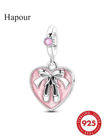 1 Pieces Original 925 Sterling Silver Charms Beads Ballet Shoes Pink Glaze Heart Charm Pendants Elegance Fine Jewelry Gifts For Women Fits Original Bracelet & Necklace DIY Making