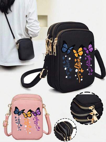 Butterfly Print Oxford Crossbody Bag,Multi-Pocket Mini Shoulder Bag With Adjustable Strap,Fashion Daily Travel Casual Bag For Gift,Festival Adaptation