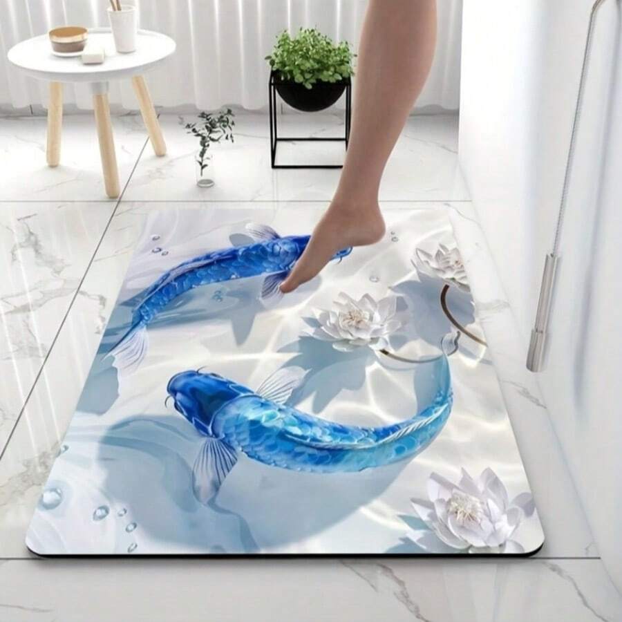 Single Pack, 2D Fish-Shaped Quick-Drying Bathroom Mat, Knitted Polyester Bath Mat With Non-Slip Rubber Backing, Draining Shower Floor Mat, Decorative Bathroom Mat For Home Decor