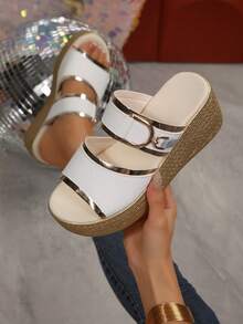 Y2K Metallic Decor Woven Platform Wedge Sandals, Suitable For Party, Vacation, Black & White, Summer Daily Wear - White - View 3