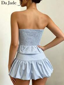 Da Jade 2 piezas Conjunto de top corto con botones y estampado de rayas y minifalda con volantes para mujer, conjunto de vestir de verano - Azul - Ver 3