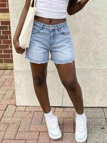 Y2K Plain Casual Retro Baddie & Sweetie Regular Frayed Hem Denim Shorts, Fashionable Minimalist Pants For Teenage Girls - Light Wash - View 5