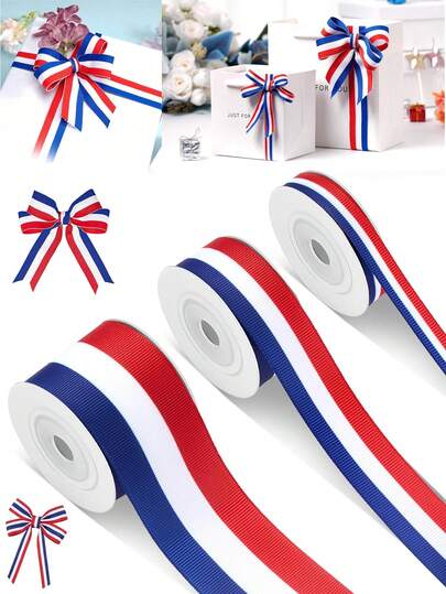Ruy băng sọc đỏ trắng xanh hai mặt dài 10 thước Anh, ruy băng satin sọc cờ Mỹ, thích hợp để gói quà, trang trí ngày 4 tháng 7, trang trí ngày Tưởng niệm, đồ thủ công, may vá.