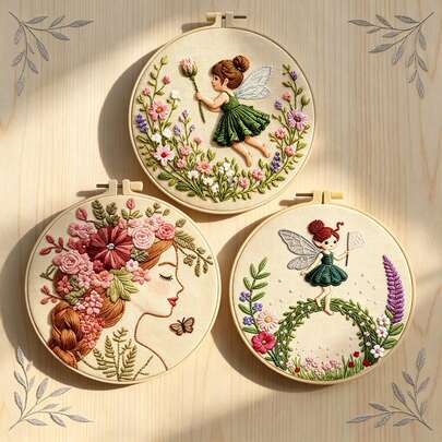 3 Styles Handmade Embroidery DIY Kits, Floral Wreath Girl Theme, Healing Nature Style Wall Decor For Living Room & Bedroom