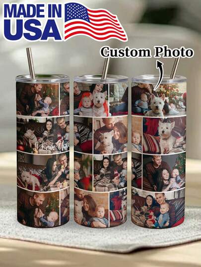 1pc 20oz/600ml Custom Photo Stainless Steel Tumbler - Personalized 1-12 Images Vacuum Insulated Water Bottle With Straw & Cleaning Brush - Leakproof Travel Mug For Hot/Cold Drinks - Reusable Gift For Family, Friends & Couples - Keeps Temperature 12H Hot/24H Cold - Perfect For Office, Gym & Outdoor