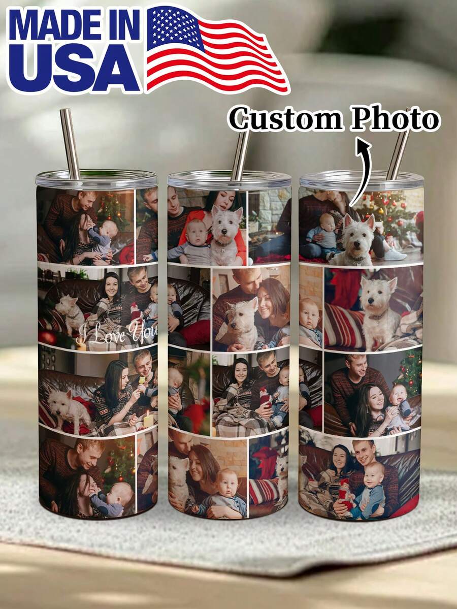 1pc 20oz/600ml Custom Photo Stainless Steel Tumbler, Personalized 1-12 Images Vacuum Insulated Travel Cup With Straw & Brush, Leakproof, 12H Hot/24H Cold, Reusable Hot Cold Drink Mug, Gift For Family Friends Couples, Ideal For Office Gym Outdoor - Multicolor - View 1