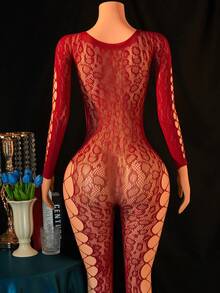 Women Sexy Lingerie Fishnet Bodysuit, Lace Leopard Body Stockings Full Body Stockings Mesh , One Piece Party Festival Rave Outfits,Exotic Wear Dancer Outfits - Burgundy - View 2