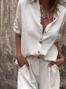 2026 Chic Linen Two-Piece Set: Loose Shirt And High Waisted Shorts - 白色 - 查看 2