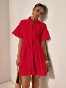 Vestido casual de verano suelto y simple con botones en la cintura - Rojo - Ver 3