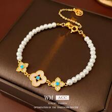Collar y pendientes minimalistas de plata 925 con ojo del zodiaco turco, joyería mexicana hipoalergénica.Pulsera de perlas con flor de circonio chapada en oro real de 18k, pulsera estilo corte francesa, joyería femenina retro, versátil y a la moda. - Pulsera - Oro - Rojo (Chapada en de 18k) - Ver 2