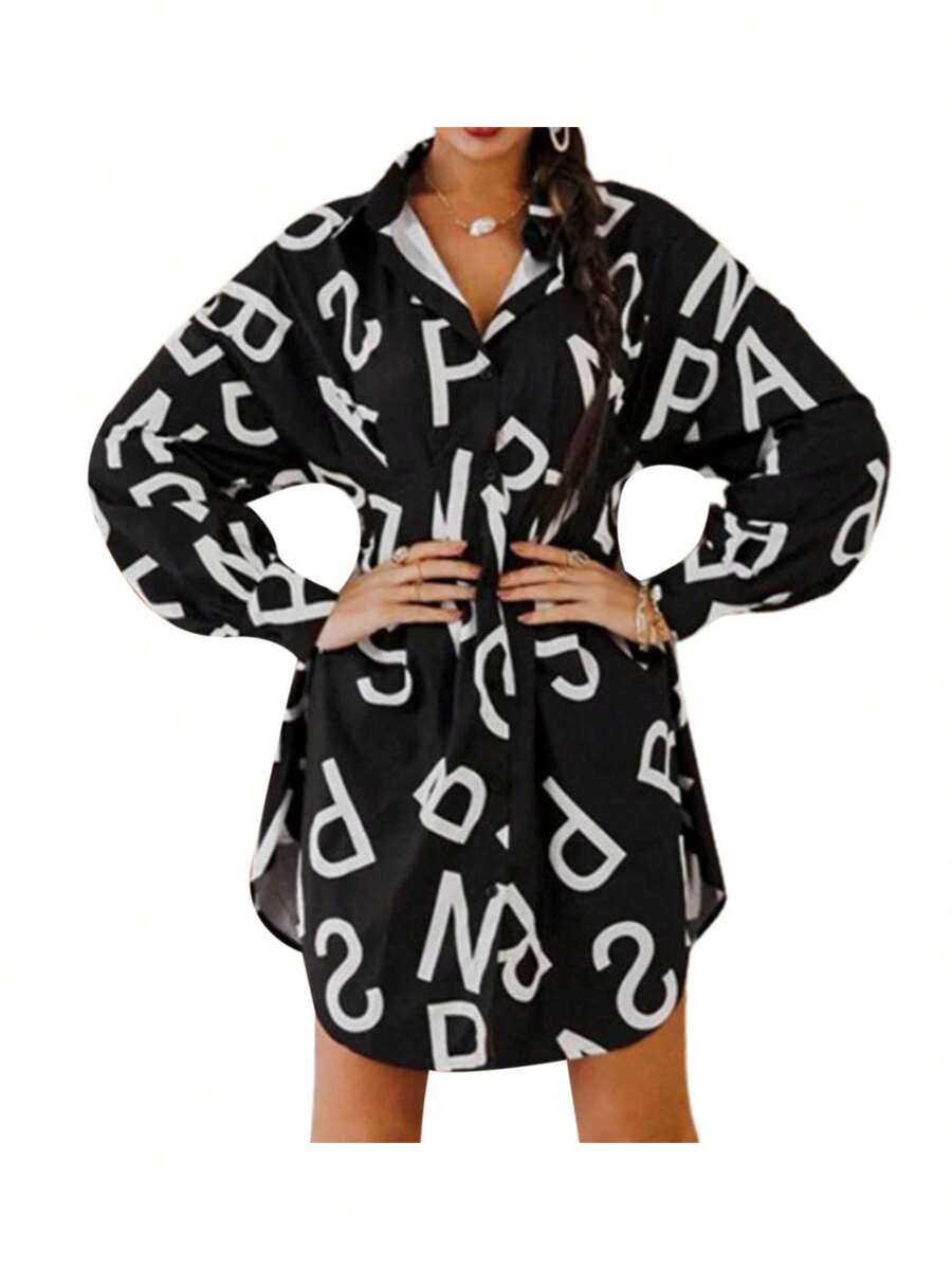 Women Irregular Hem Midi Dress, Letter Print Long Sleeve Lapel Neck High Waist Dress - Negro - Ver 1