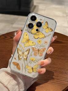 1 pieza Funda de teléfono transparente y suave de TPU con diseño pintado minimalista y de moda con flor amarilla, mariposa y hoja, que protege contra caídas, arañazos y huellas dactilares, y protege la lente de la cámara, compatible con Apple, Nothing, Pixel - Multicolor - Ver 3