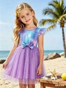 Young Girl Summer Cap Sleeve Sequin Detail Contrast Mesh Dress - Purple - View 1