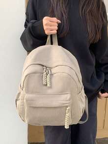 Solid Color Corduroy Fabric Fashion Versatile Minimalist Backpack For Women - Khaki - View 4