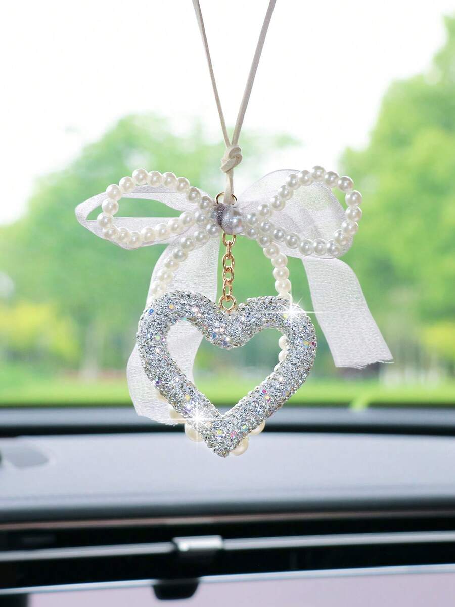 Colgante de espejo retrovisor de coche con lazo de cinta de gasa, corazón de strass