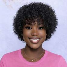 150% Density Black Glue-Free Curly Short Bob Wig, Women's African Fluffy Curly Short Hair Wig With Bangs, Suitable For Holiday Parties And Daily Wear - Natural Black - View 6