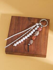 1pc Bohemian Style Faux Pearl & Natural Stone Beaded Keychain With Tassel, Bag Charm, Key Ring For Women Men , Handmade Boho Key Accessory For Purse/Car Keys - Multicolor - View 8