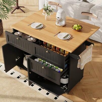 Moderne Kücheninsel, Küchenschrank, Buffetschrank, Speisewagen Mit Holzmaserung, Buffetschrank, Multifunktionale Esstisch Mit Speicherraum, Speisewagen Mit Stretchfunktionsschränken, Schwarz
