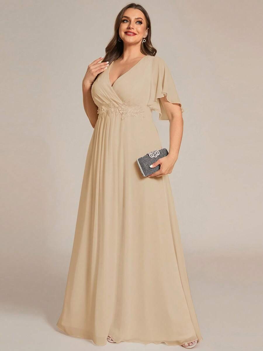 EVERPRETTY Plus Size Elegant Romantic V-Neck Waist Applique Ruffle Sleeve Chiffon Champagne Bridesmaid Dress, Long Maxi Dress Suitable For Wedding, Party, Spring & Summer