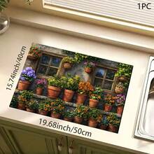 1pc 2D Floral Potted Plant Print Absorbent Pad/Drying Mat For Coffee Maker, Tableware - Absorbent Polyester Desktop Protective Mat With Non-Slip Rubber Backing, For Kitchen Counter Decor, Home Bar And Dining Table - Multicolor - View 14