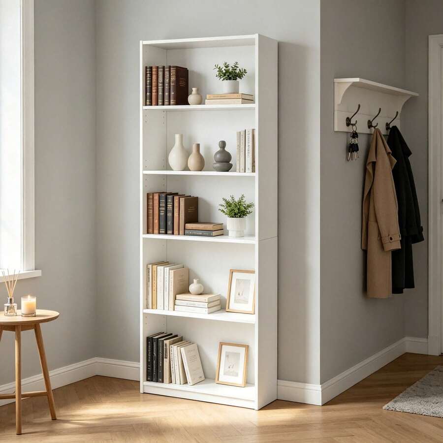 5-Shelf Bookcase With Adjustable Shelves, White - 白色 - 查看 1