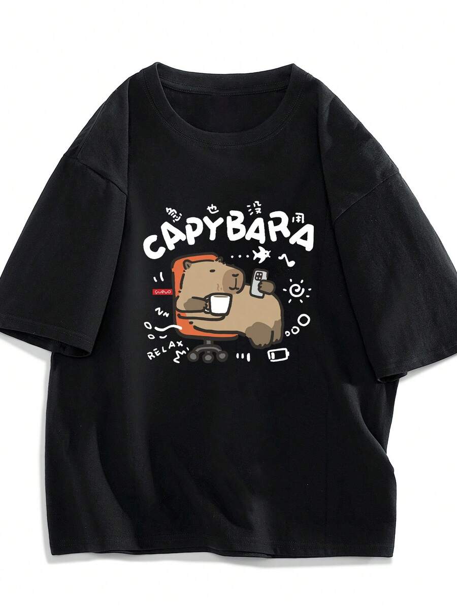 Camiseta de manga corta con estampado de dibujos animados para hombre, camiseta holgada de manga corta estilo hip-hop americano para verano, top para parejas, camiseta de marca a la moda. - Negro - Ver 1
