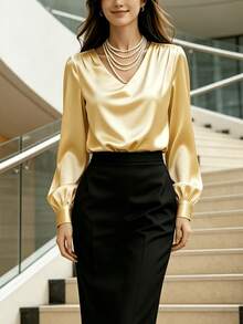 elfnokto 女士优雅纯色V领褶皱肩长袖衬衫，宽松版型，适合春季办公室穿着 - 黃色 - 查看 4