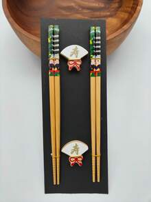 2 Pairs Japanese Natural Bamboo Chopsticks With 2 Bamboo Chopstick Rests Set, Japanese Print Bamboo Chopsticks And Natural Wooden Chopstick Holder - Multicolor - View 32